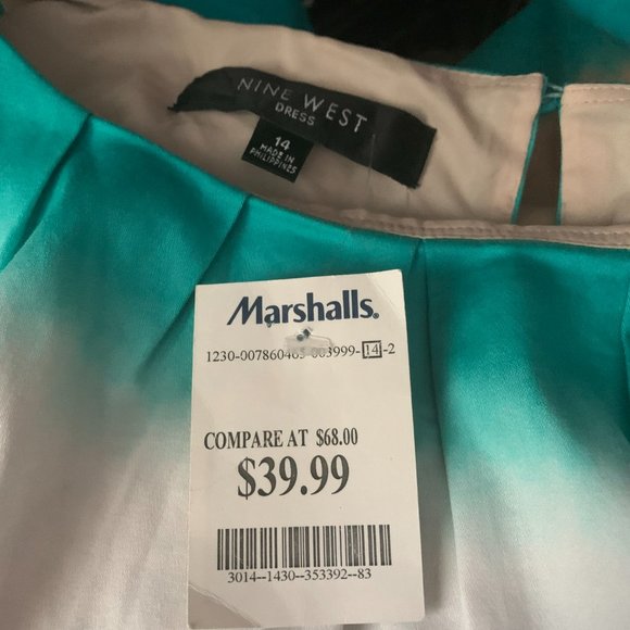 New Nine West Sleeveless Sheath Belted Dress - Turquoise Beige Cream - Picture 7 of 8